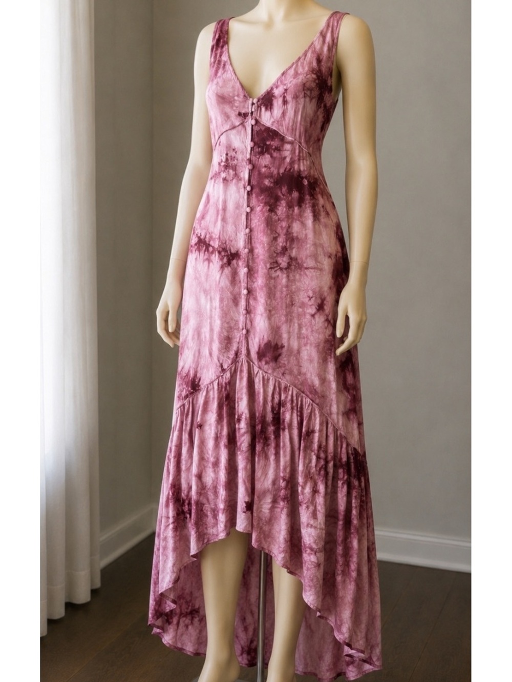 Lovestitch Women’s Large Tie Dye Maxi Dress Pink Burgundy Boho Button Front